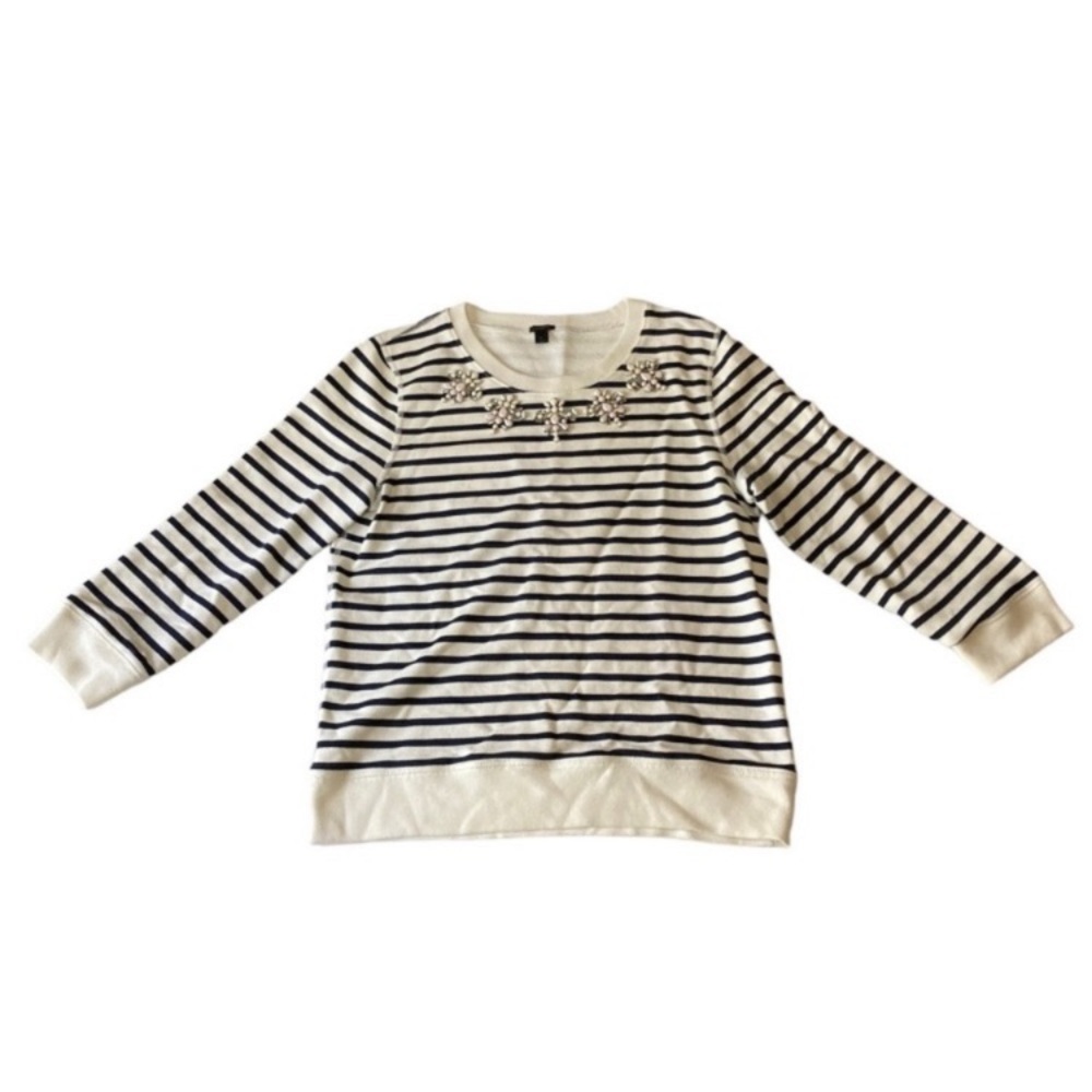 J Crew Striped Jewel Embellished Crew Neck 3/4 Sleeve Sweatshirt Small